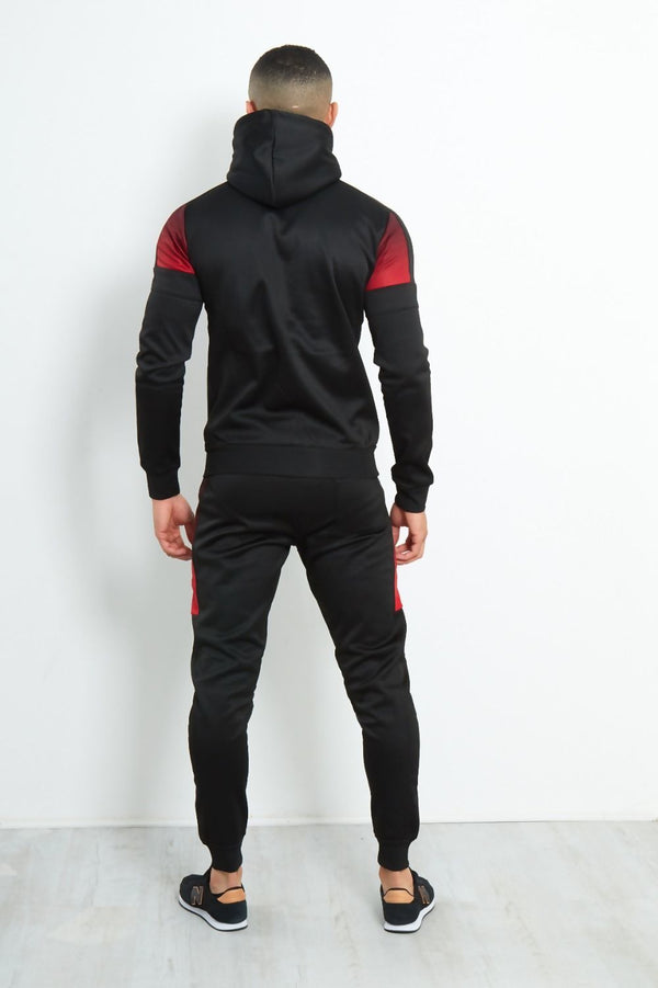 Mens Black with Red Faded Funnel Hood Tracksuit