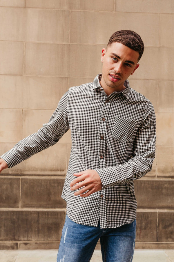 Mens Black Long Sleeve Gingham Shirt