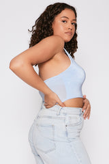 Baby Blue Slinky Spaghetti Strap Halterneck Crop Top 