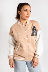 Beige Contrast Sleeve Letter A Varsity Jacket