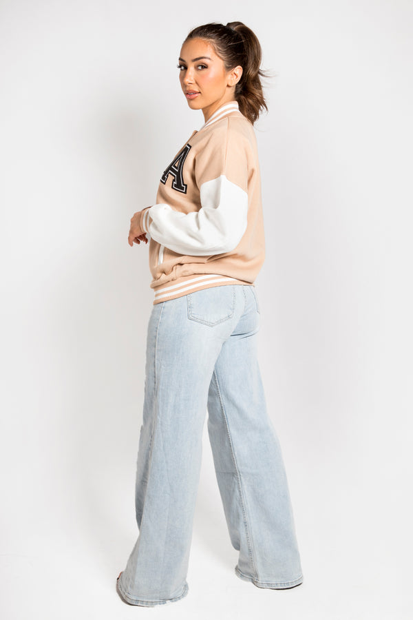 Beige Contrast Sleeve Letter A Varsity Jacket