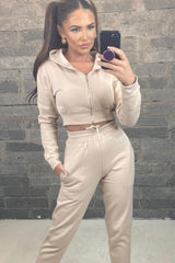 Beige Cropped Hoodie And Joggers Co-Ord