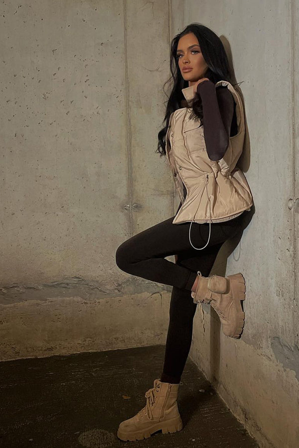 Beige Drawstring Detail Puffer Gilet