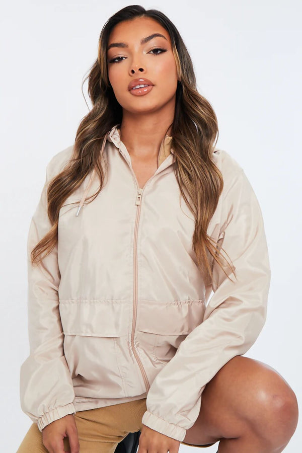 Beige Hooded Shell Zip Up Windbreaker 