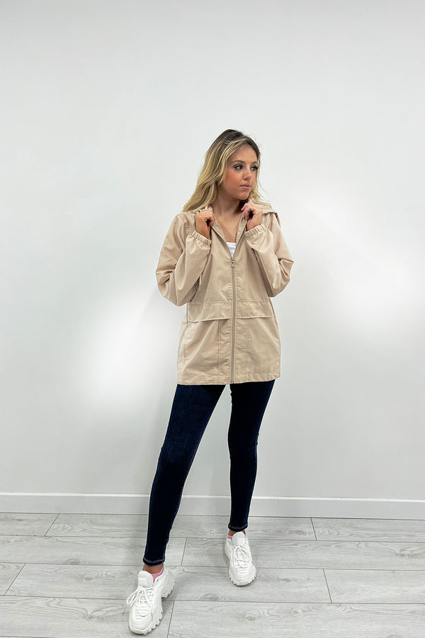 Beige Hooded Shell Zip Up Windbreaker 