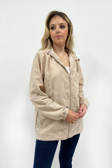 Beige Hooded Shell Zip Up Windbreaker 