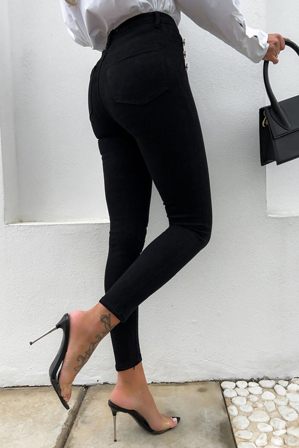 Black Button Detail High Waist Push Up Jeans