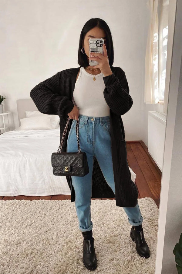 Charcoal Oversized Balloon Sleeve Knitted Cardigan