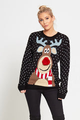 Plus Size Black Rudolph Christmas Jumper With Pom Pom Detail