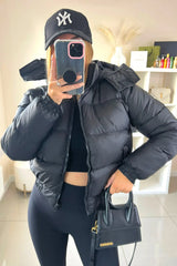 Black Short Zipper Up Hooded Puffer Coat