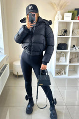 Black Short Zipper Up Hooded Puffer Coat