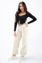 Beige Wide Leg Cargo Jeans 