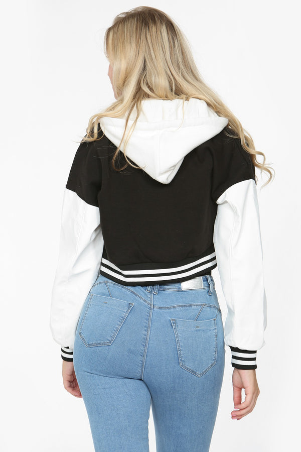 Black Hooded Contrast Sleeve Letter A Varsity Jacket