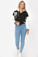 Black Hooded Contrast Sleeve Letter A Varsity Jacket