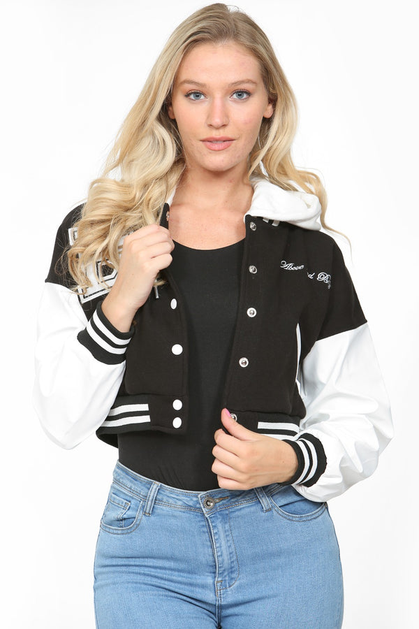 Black Hooded Contrast Sleeve Letter A Varsity Jacket