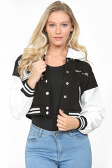 Black Hooded Contrast Sleeve Letter A Varsity Jacket