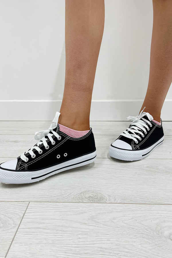 Black Canvas Stripe Sole Flat Trainers