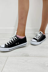 Black Canvas Stripe Sole Flat Trainers