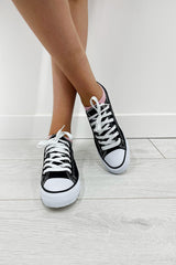 Black Canvas Stripe Sole Flat Trainers