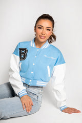 Blue Cropped Contrast Sleeve Varsity Jacket