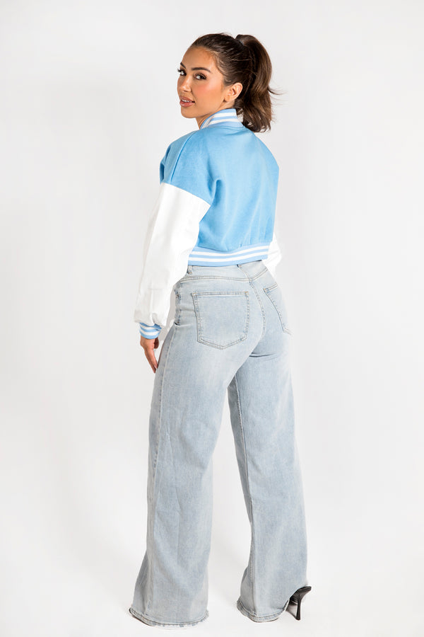 Blue Cropped Contrast Sleeve Varsity Jacket