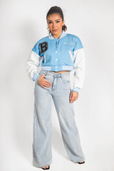 Blue Cropped Contrast Sleeve Varsity Jacket