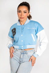 Blue Cropped Contrast Sleeve Varsity Jacket