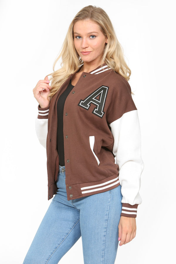Chocolate Brown Contrast Sleeve Letter A Varsity Jacket