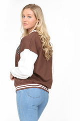 Chocolate Brown Contrast Sleeve Letter A Varsity Jacket