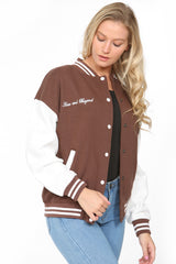 Chocolate Brown Contrast Sleeve Letter A Varsity Jacket