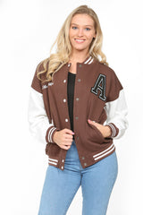 Chocolate Brown Contrast Sleeve Letter A Varsity Jacket