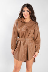 Brown Belted PU Leather Shirt Dress