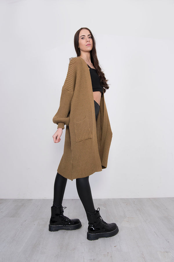 Tan Balloon Sleeve Pocket Detail Knit Cardigan
