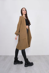 Tan Balloon Sleeve Pocket Detail Knit Cardigan