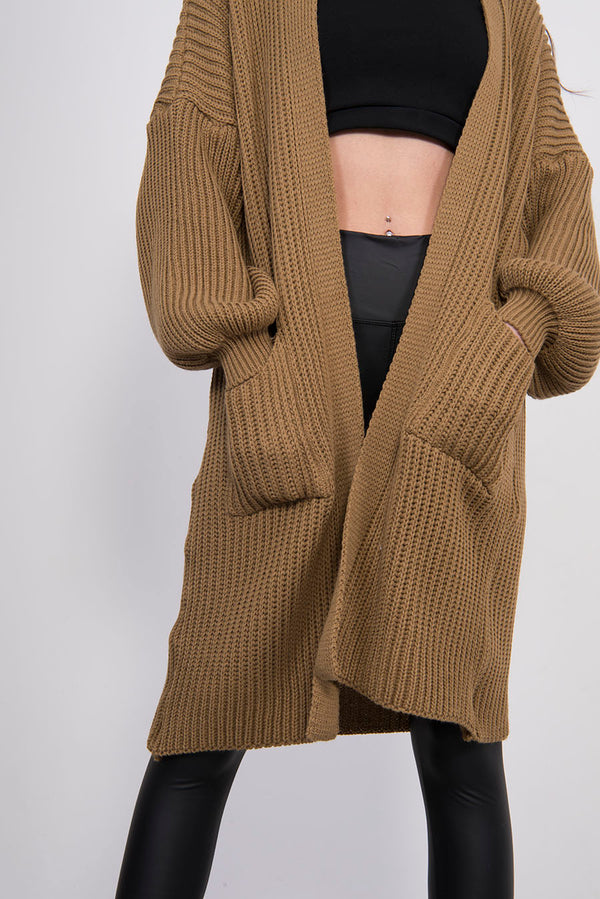 Tan Balloon Sleeve Pocket Detail Knit Cardigan