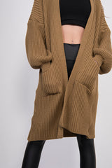 Tan Balloon Sleeve Pocket Detail Knit Cardigan