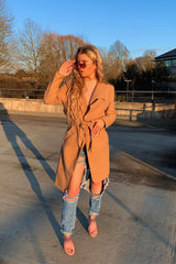 Camel Belted Waterfall Duster Long Coat