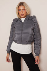 Charcoal Short Zipper Up Hooded Puffer Coat