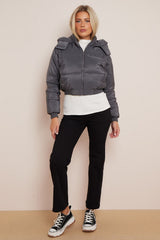 Charcoal Short Zipper Up Hooded Puffer Coat