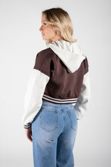 Chocolate Hooded Contrast Sleeve Letter A Varsity Jacket