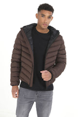 Mens Chocolate Quilted Zip Through Puffer With Hood