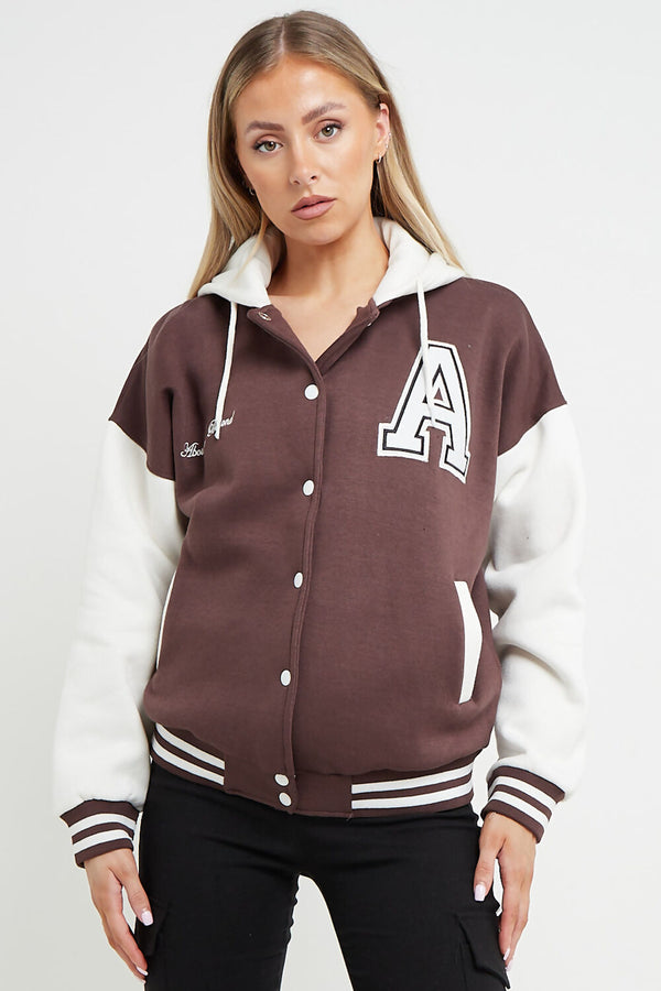 Chocolate Contrast Sleeve Hooded Varsity Jacket