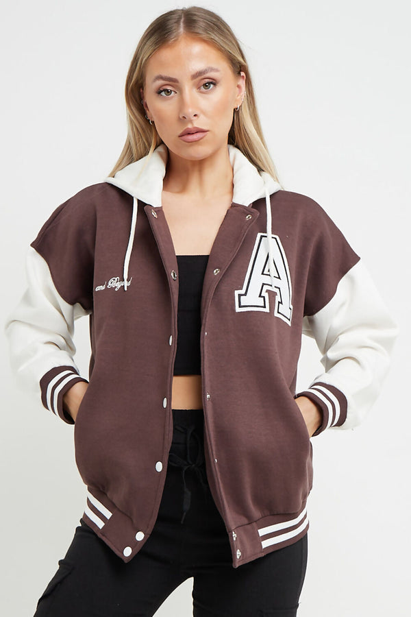 Chocolate Contrast Sleeve Hooded Varsity Jacket
