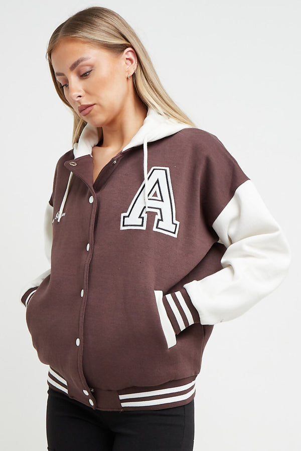 Chocolate Contrast Sleeve Hooded Varsity Jacket