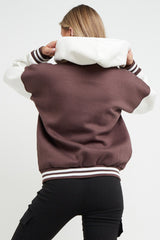 Chocolate Contrast Sleeve Hooded Varsity Jacket