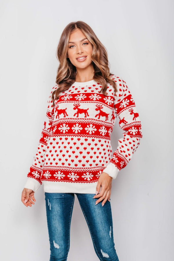 Cream Reindeer And Snowflake Knitted Christmas Jumper