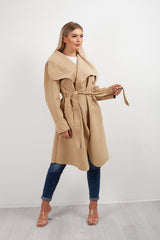 Camel Belted Waterfall Duster Long Coat