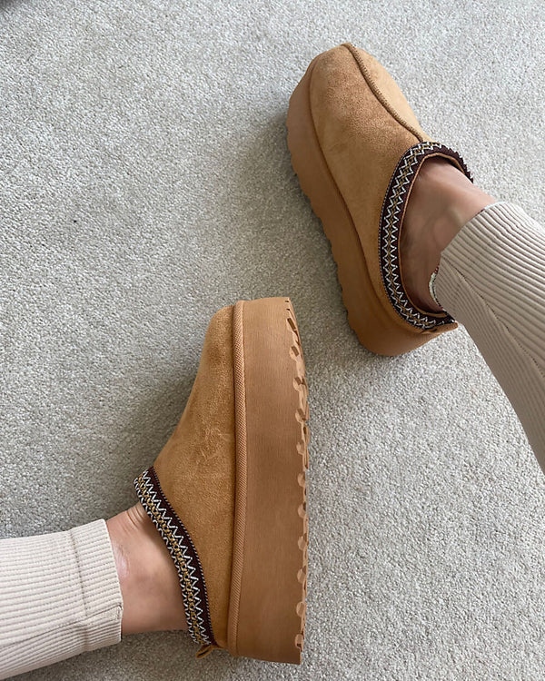 Camel Slip on Platform Slippers