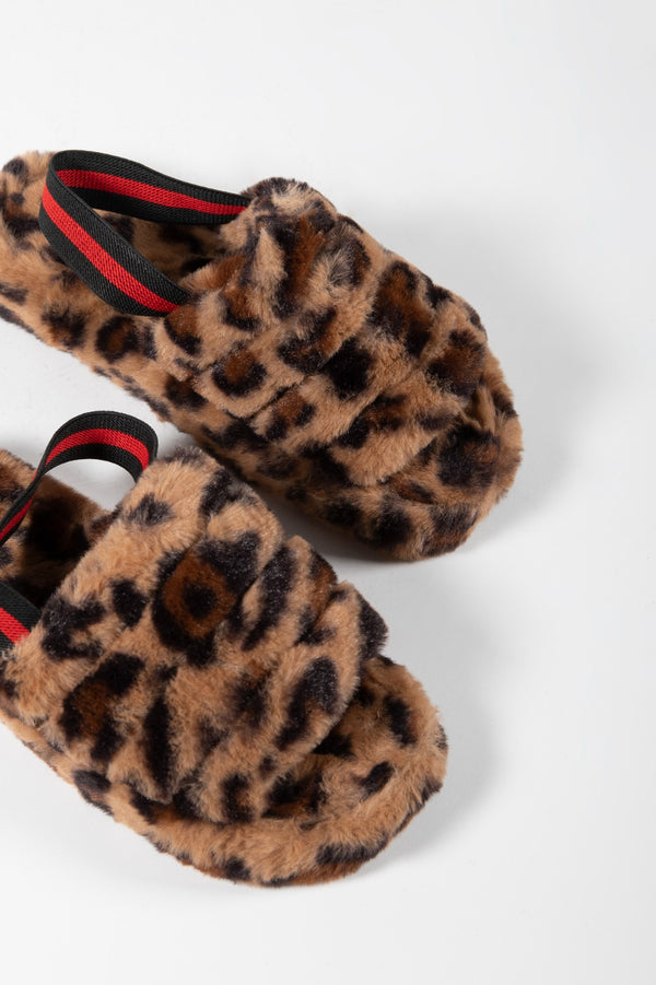 Brown Leopard Fluffy Faux Fur Stripe Slipper