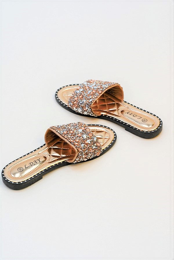Champagne Embellished Slip On Sandals